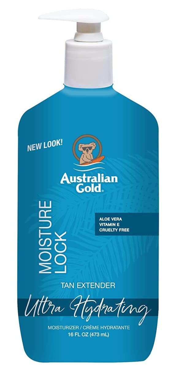 Australian Gold Moist Lock Tan Extender label highlights Aloe Vera and Vitamin E.