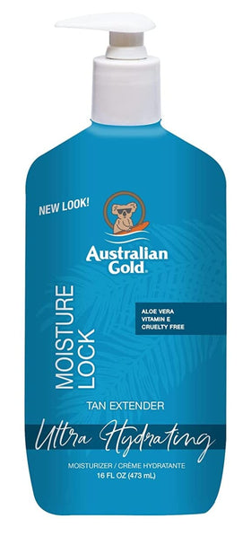 Australian Gold Moist Lock Tan Extender label highlights Aloe Vera and Vitamin E.