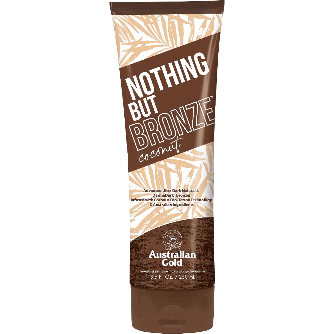 Australian Gold Nothing But Bronze Coconut Advanced Ultra Dark Bronzer bottle, quick, even color development.