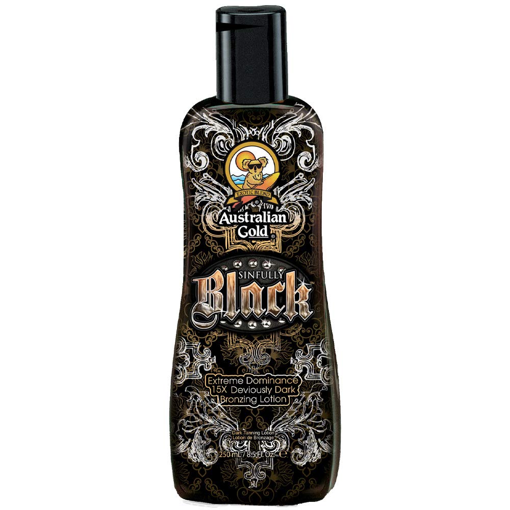 Australian Gold Sinfully Black 15x bottle front view for deep bronzing potential