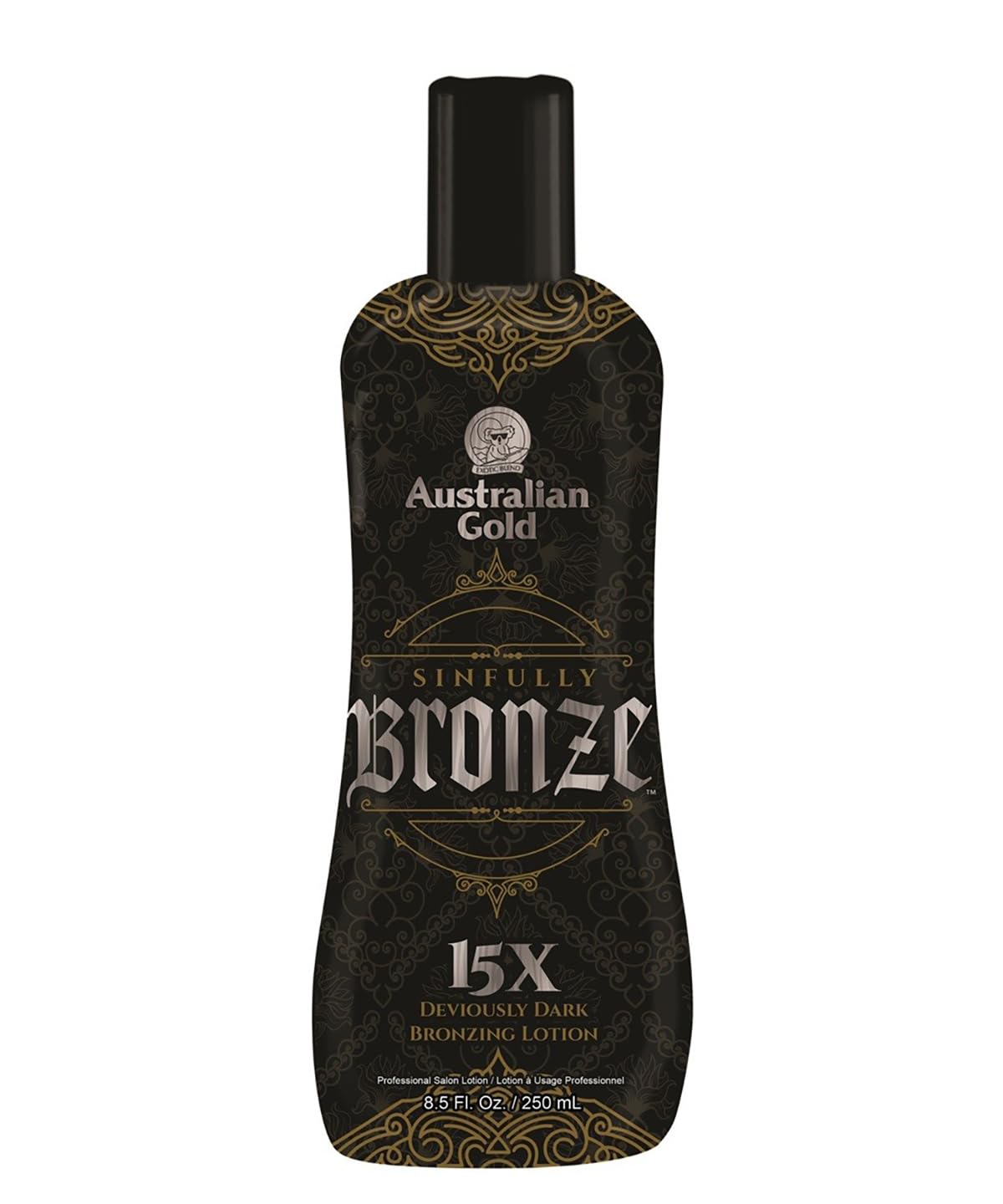 Australian Gold Sinfully Bronze 15x dark bronzer bottle for rich, buildable color.