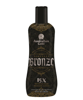 Australian Gold Sinfully Bronze 15x dark bronzer bottle for rich, buildable color.