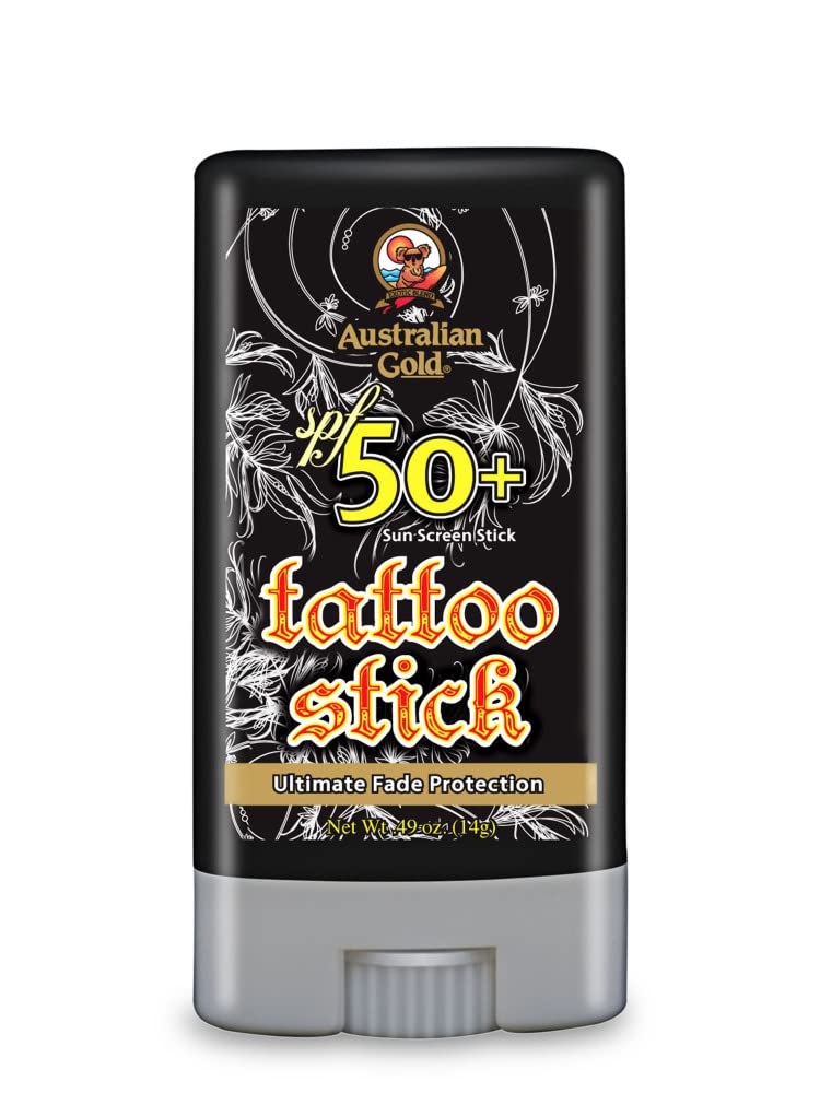 Australian Gold SPF 50 Tattoo Stick provides sun protection for tattoos during outdoor activities.