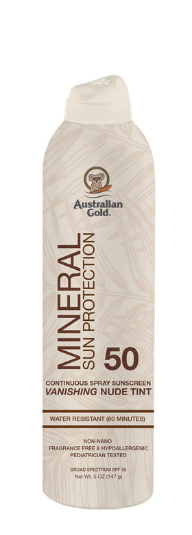 Australian Gold SPF 50 tinted mineral sunscreen spray bottle with vanishing nude tint.