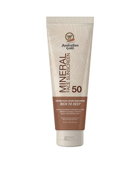 Australian Gold tinted face sunscreen bottle showing SPF 50 protection for daily outdoor use