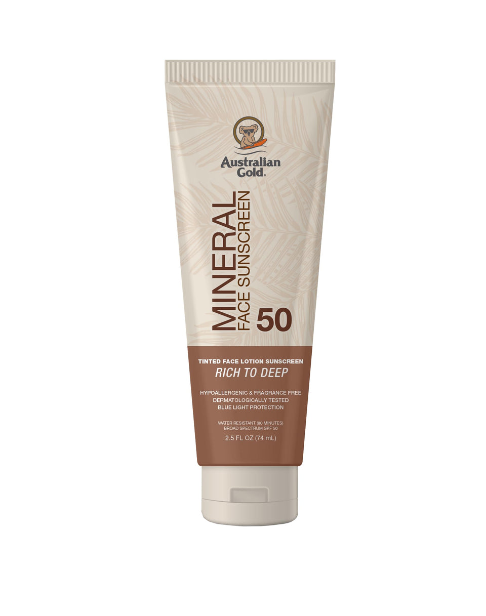 Australian Gold tinted face sunscreen bottle showing SPF 50 protection for daily outdoor use