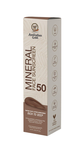 Close-up of Australian Gold tinted sunscreen texture showing powder-matte finish