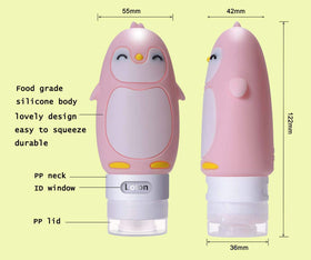 AUTENS penguin-design bottles come in pink, black, blue, and cyan.