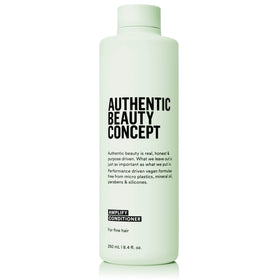 Authentic Beauty Concept Amplify Conditioner bottle highlights lightweight, volumizing formula for fine hair.