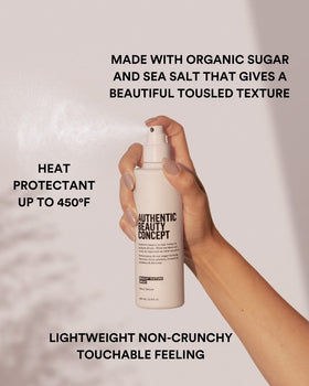 Authentic Beauty Concept Beachy Texture Spray bottle back reveals branding and silicone-free formula benefits.