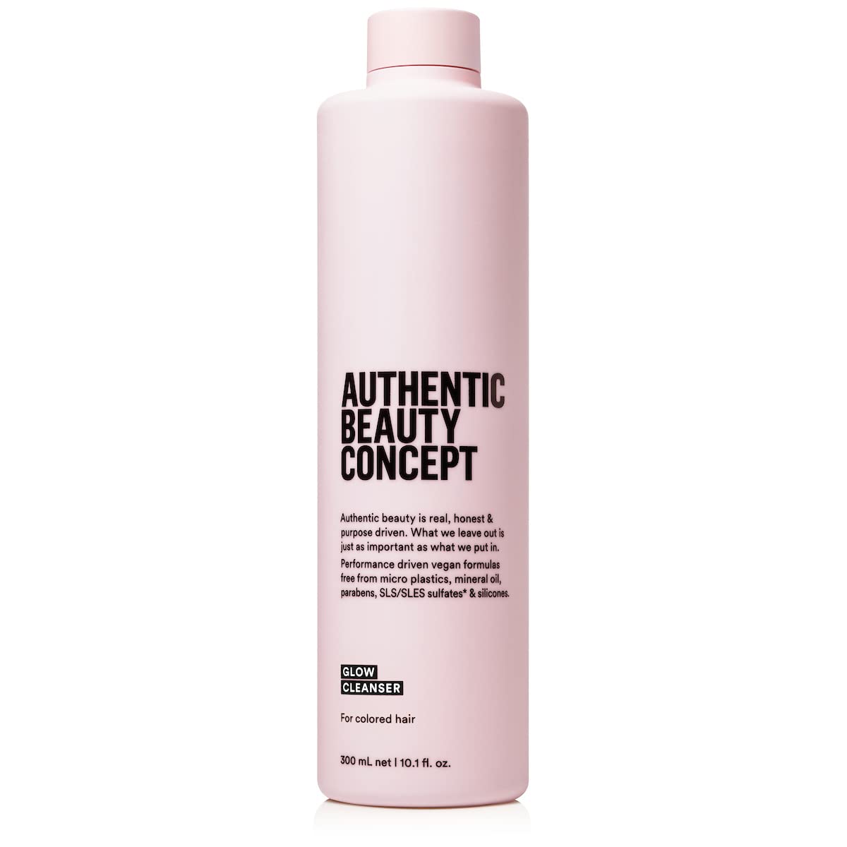 Authentic Beauty Concept Glow Cleanser bottle with pump demonstrates color-preserving formula for vibrant hair.