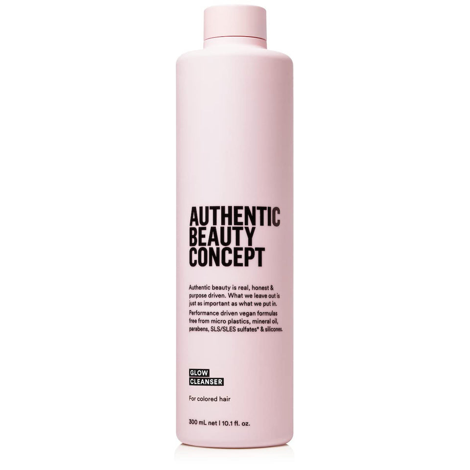 Authentic Beauty Concept Glow Cleanser bottle with pump demonstrates color-preserving formula for vibrant hair.