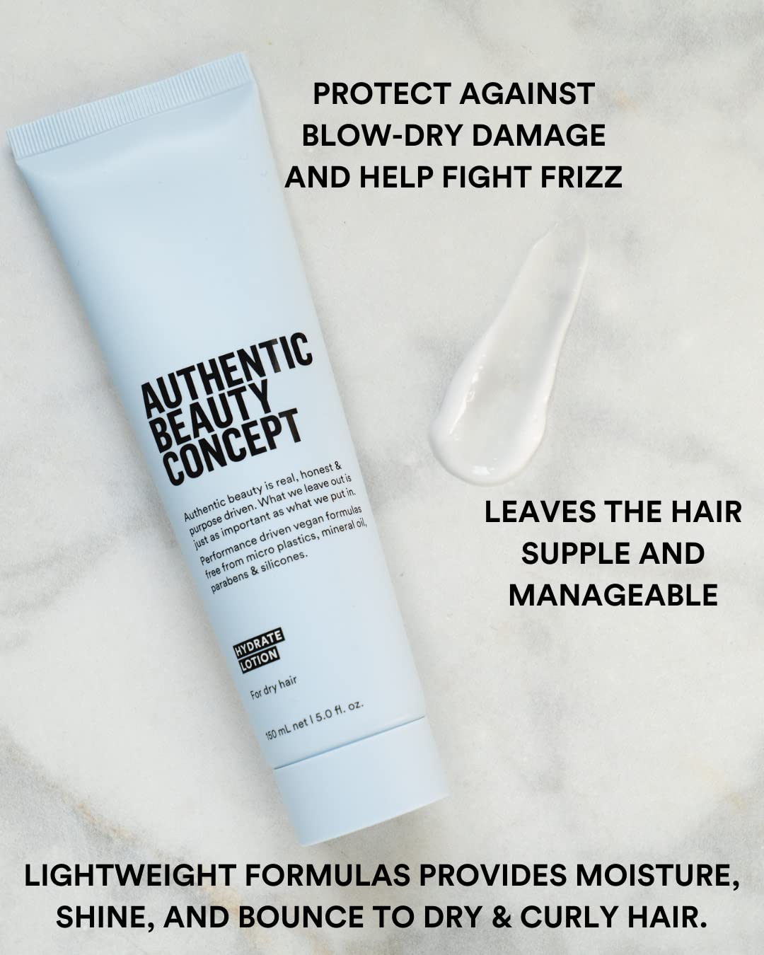 Authentic Beauty Concept Hydrate Lotion texture closeup highlighting creamy, fast-absorbing consistency.