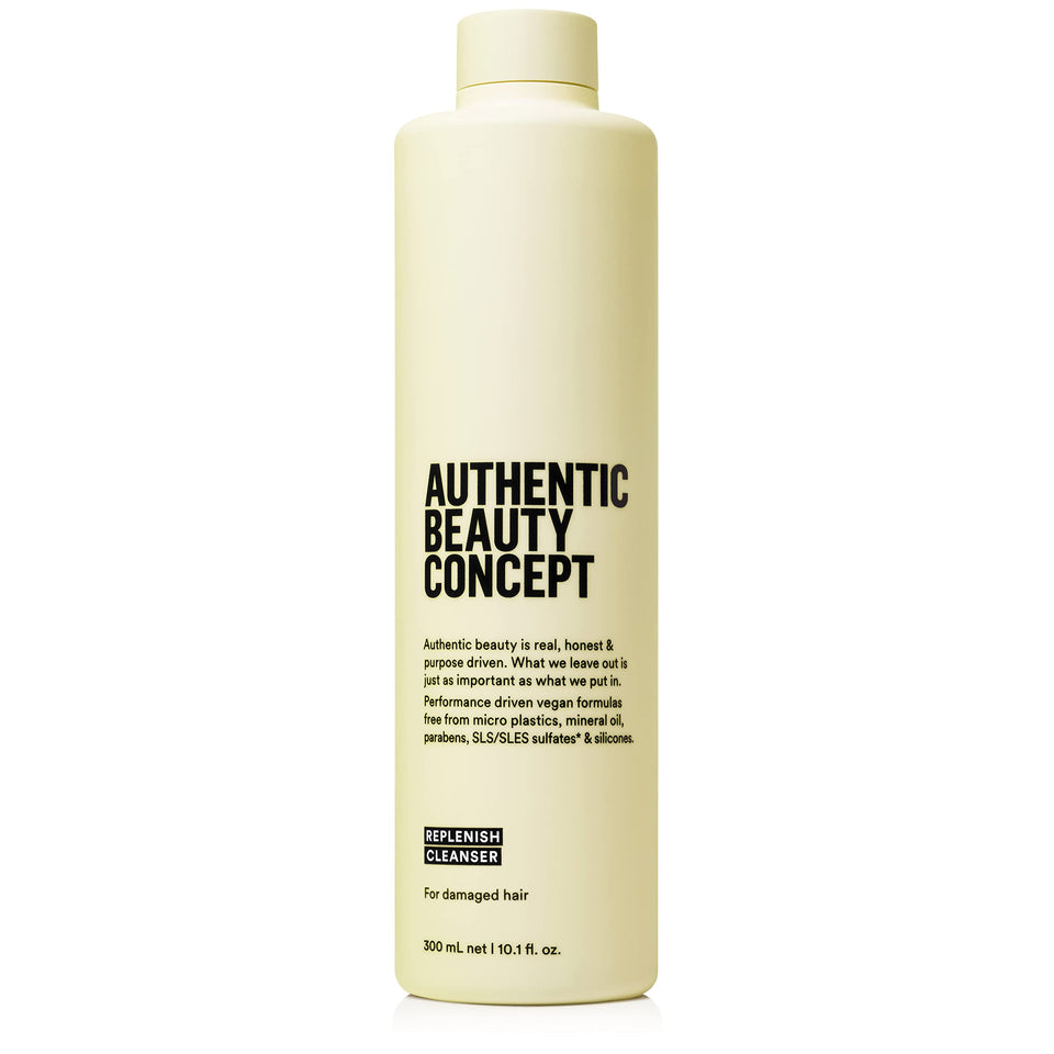 Authentic Beauty Concept Replenish Cleanser bottle showcases vegan, silicone-free formula for damaged hair.