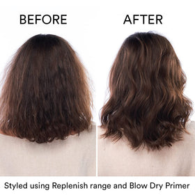 Authentic Beauty Concept Replenish Cleanser on damaged hair shows soft, shiny results.