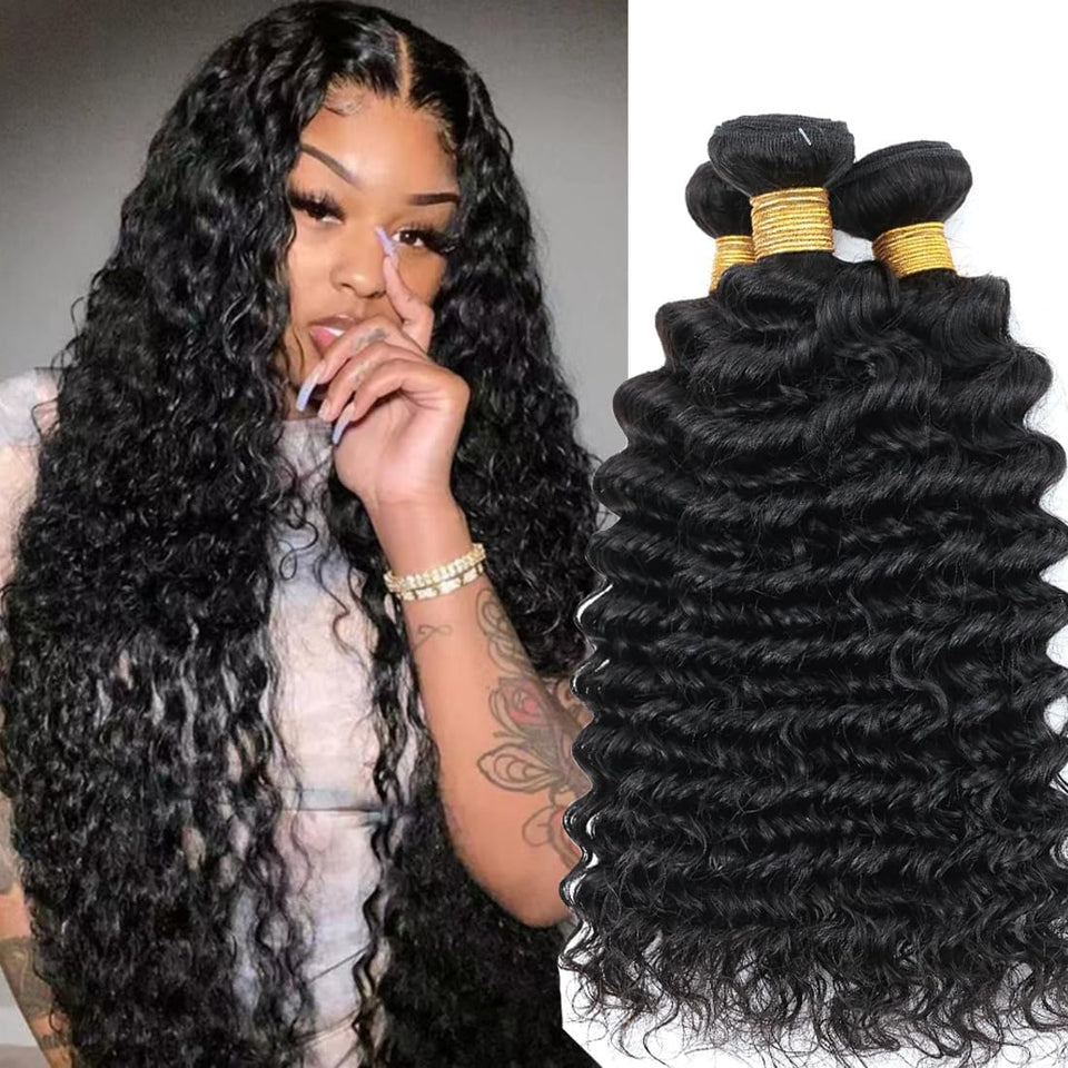 AUTTO Brazilian deep wave bundles front view showing natural bounce for daily wear
