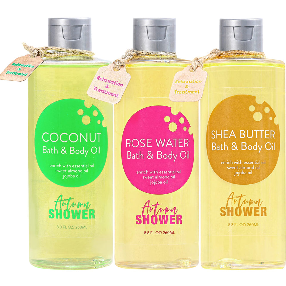 Autumn Shower bath oil trio packaging ready for a spa-like ritual and gifting