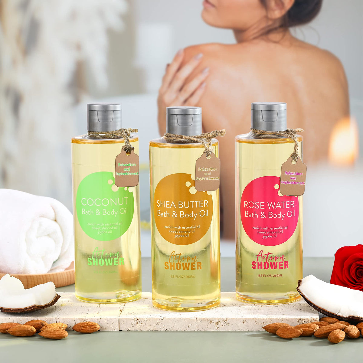 Autumn Shower Rose Water oil bottle highlights youthful radiance and skin glow