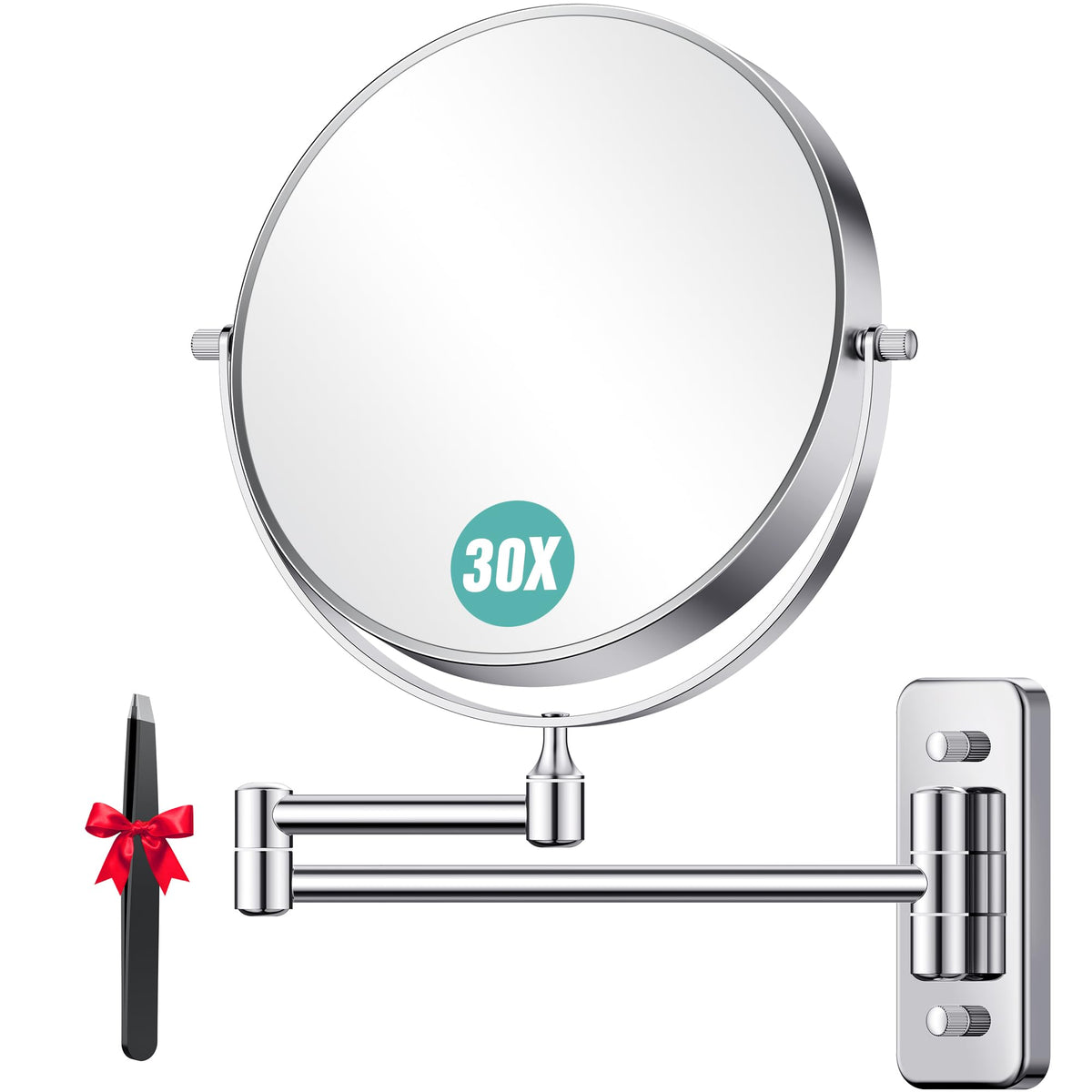 Auxmir 1X/30X wall-mount makeup mirror with extendable arm for versatile viewing.