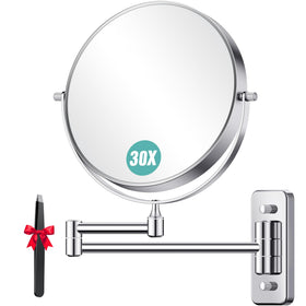 Auxmir 1X/30X wall-mount makeup mirror with extendable arm for versatile viewing.
