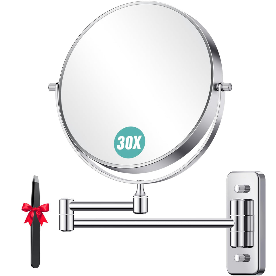 Auxmir 1X/30X wall-mount makeup mirror with extendable arm for versatile viewing.