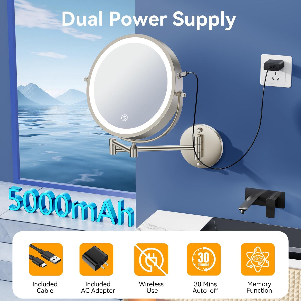 Auxmir 5000mAh battery-powered mirror for cordless use and long runtime