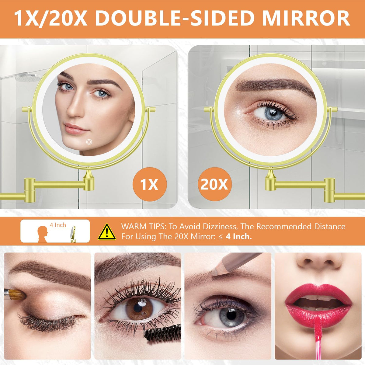 Auxmir 8inch mirror with LED light shows three color options for different tasks.