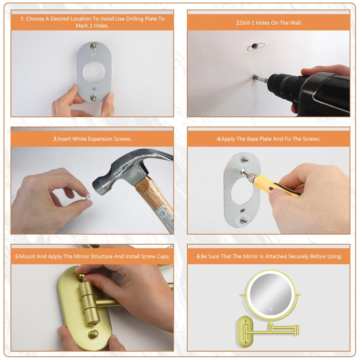 Auxmir wall-mount makeup mirror installation guide to quick setup.