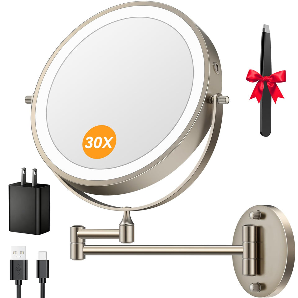 Auxmir 9-inch makeup mirror with 30X/1X magnification for precise makeup tasks