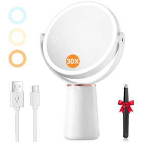 Auxmir dual-side makeup mirror with 1x and 30x views for precise grooming.