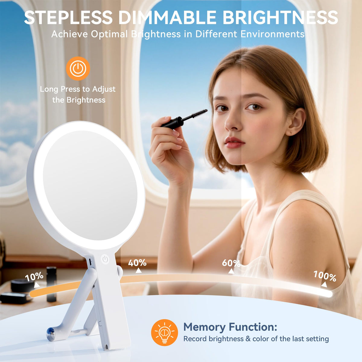 Auxmir travel makeup mirror with 3-color lights for adaptable daytime or evening makeup.