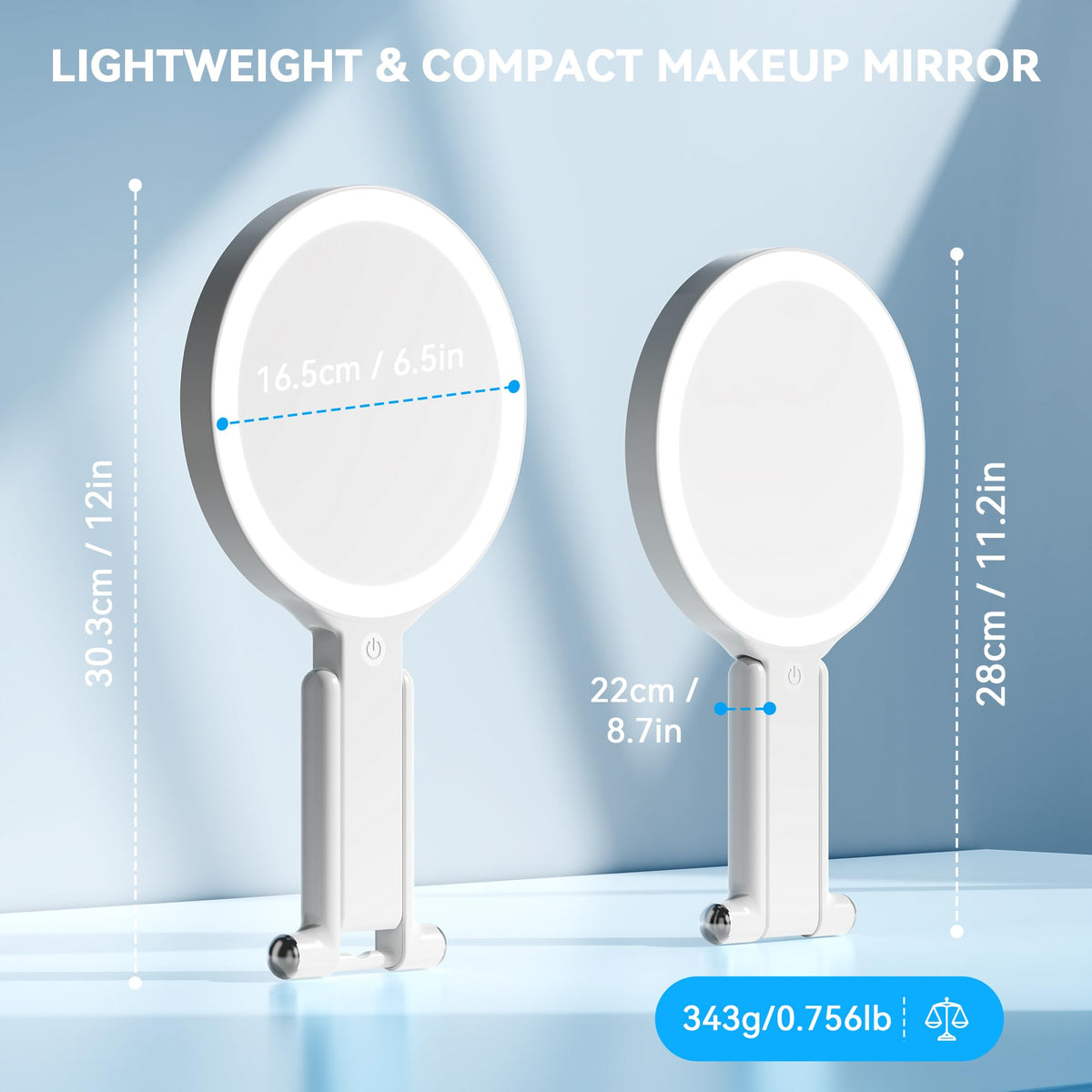 Auxmir travel makeup mirror three-in-one design serves handheld, desk, or wall setup.