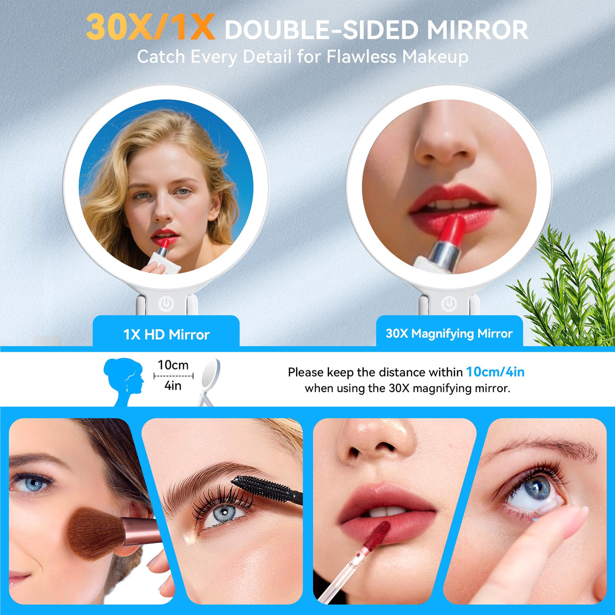 Auxmir travel makeup mirror 30x detail view helps precise brow shaping.