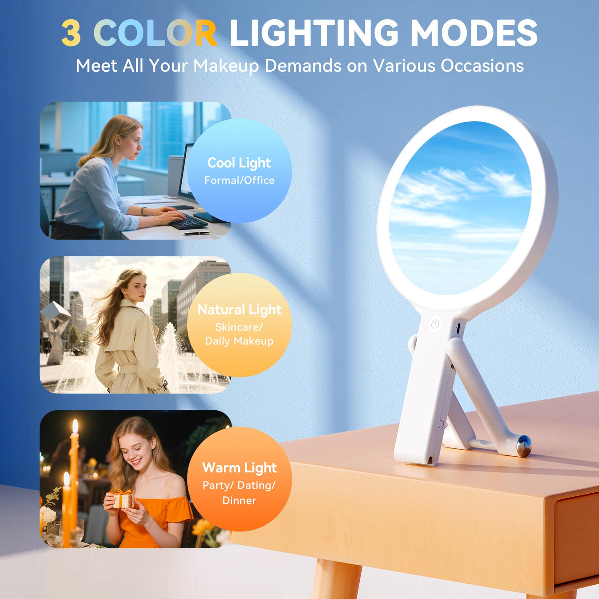 Auxmir travel makeup mirror side buttons allow easy adjustment from either side.