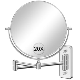 Auxmir wall-mounted makeup mirror shows 1x and 20x views for precise makeup.