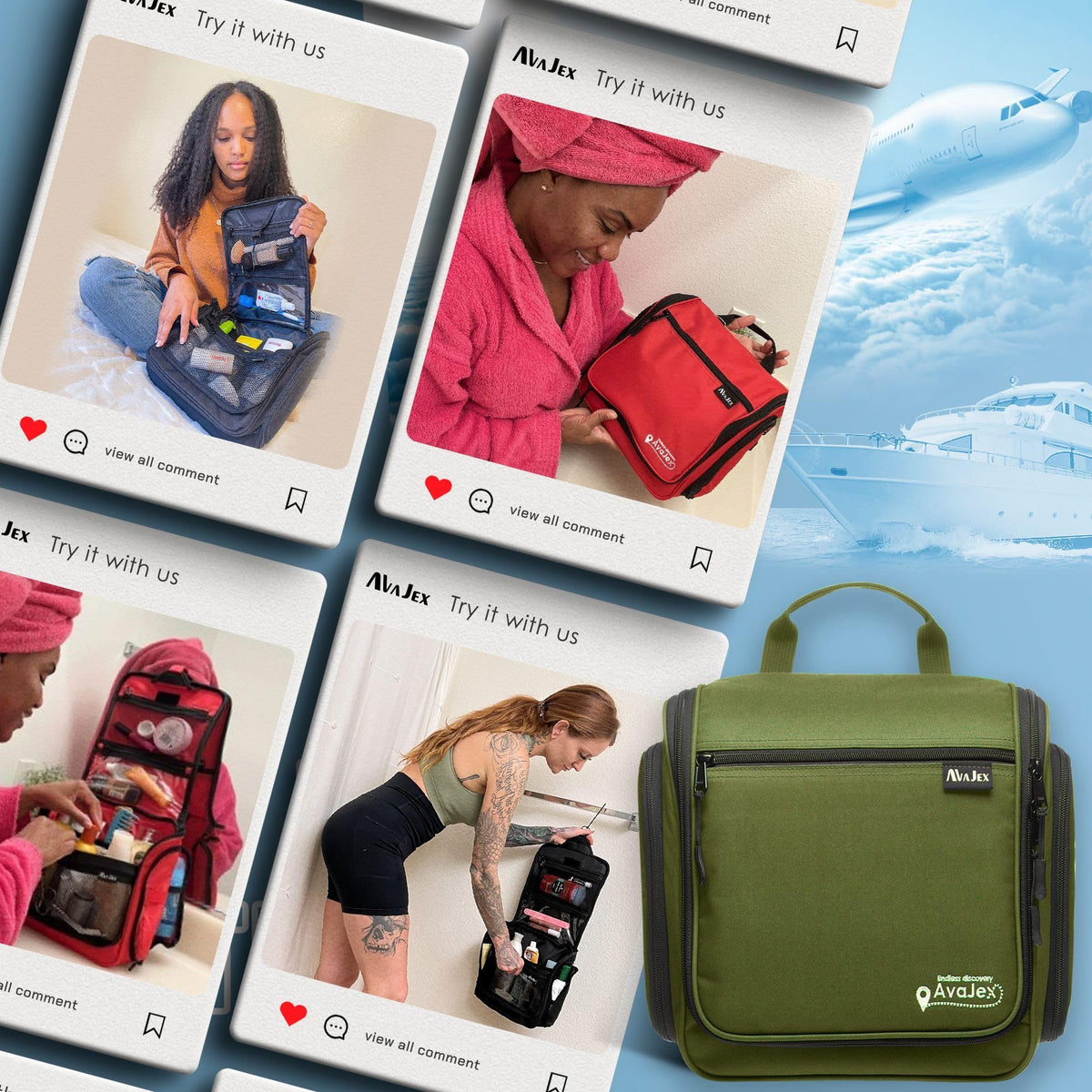 AvaJex bag accommodates shampoo, toothbrushes, and makeup neatly.
