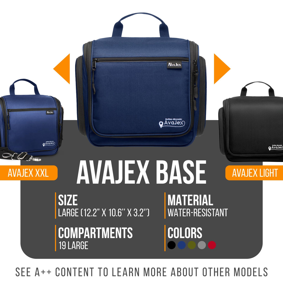 AvaJex bag with 19 compartments keeps toiletries neatly organized.