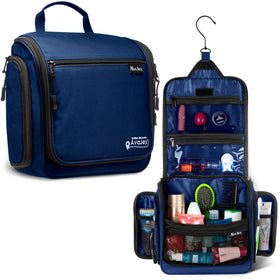 AvaJex travel toiletry bag hanging from XXL hook for easy bathroom access.