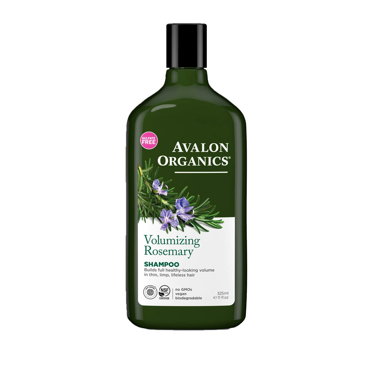 Avalon Organics Rosemary Volumizing Shampoo bottle promotes fuller-looking hair.