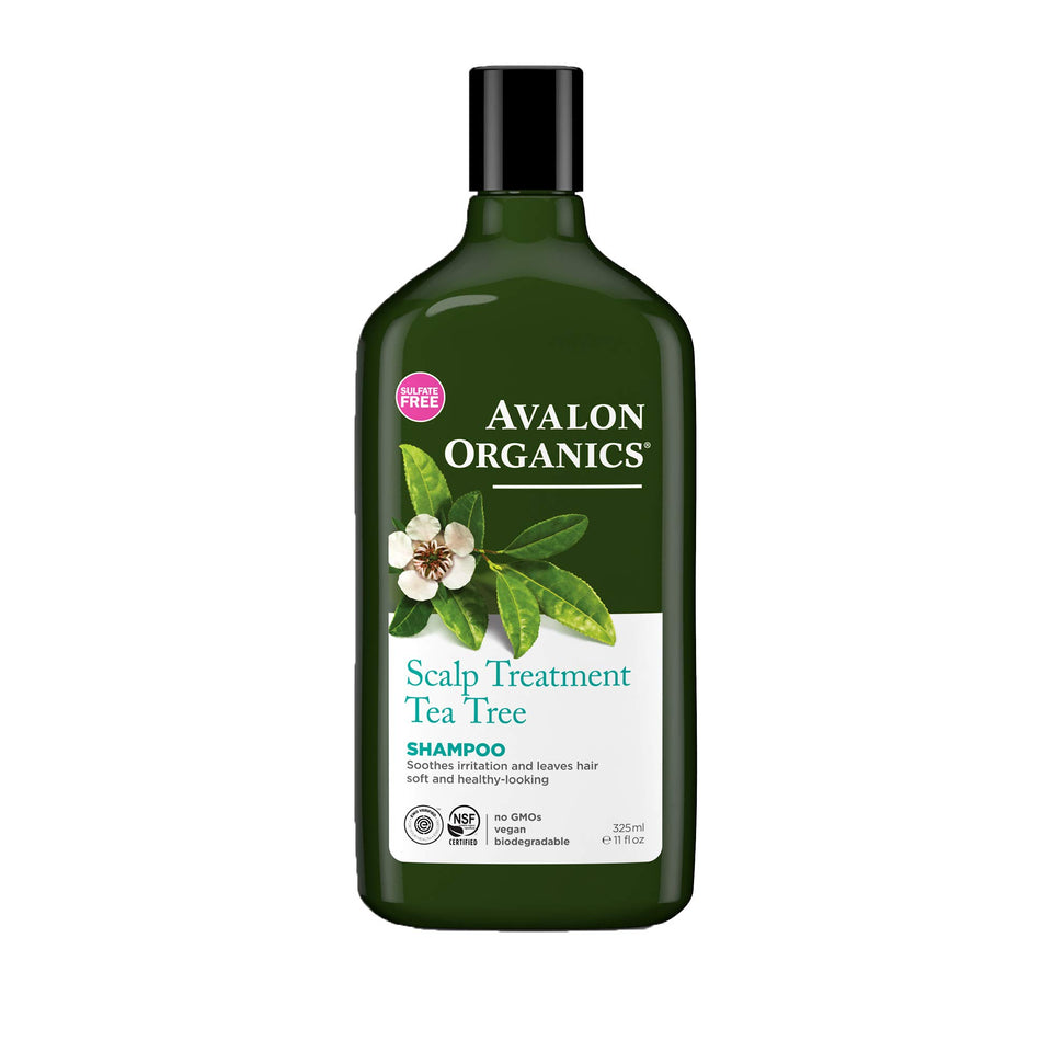 Avalon Organics Tea Tree Shampoo bottle in a two-pack for scalp comfort