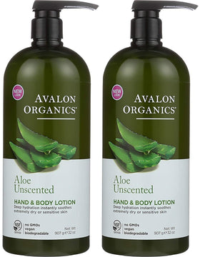 Avalon Organics unscented aloe lotion 2-pack bottles delivering everyday moisturizing for sensitive skin