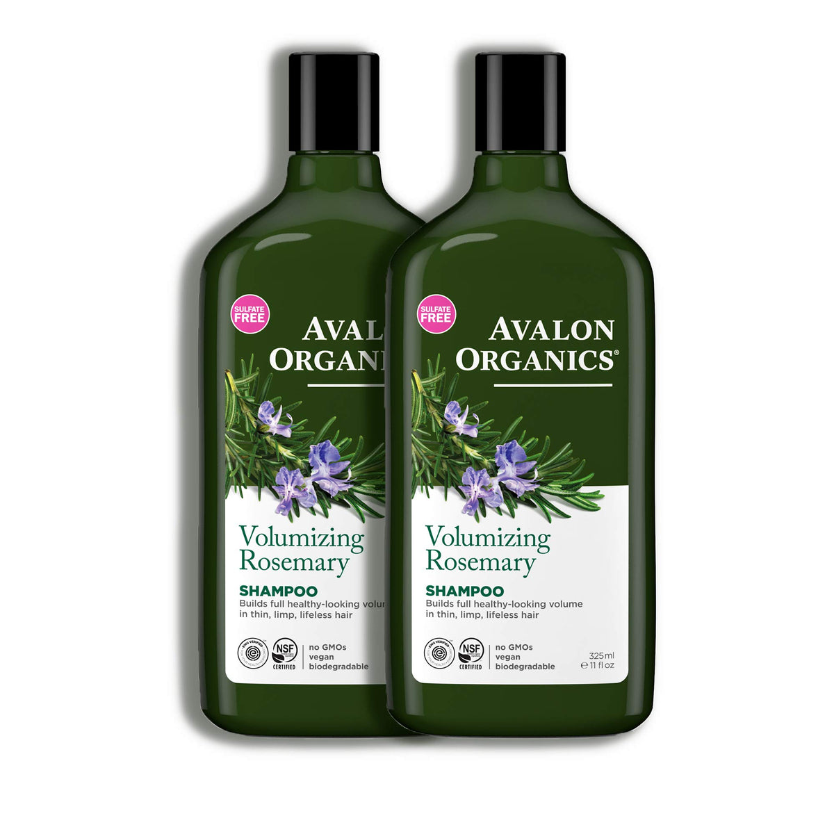 Avalon Organics volumizing rosemary shampoo on hair delivering root-to-tip body and shine.
