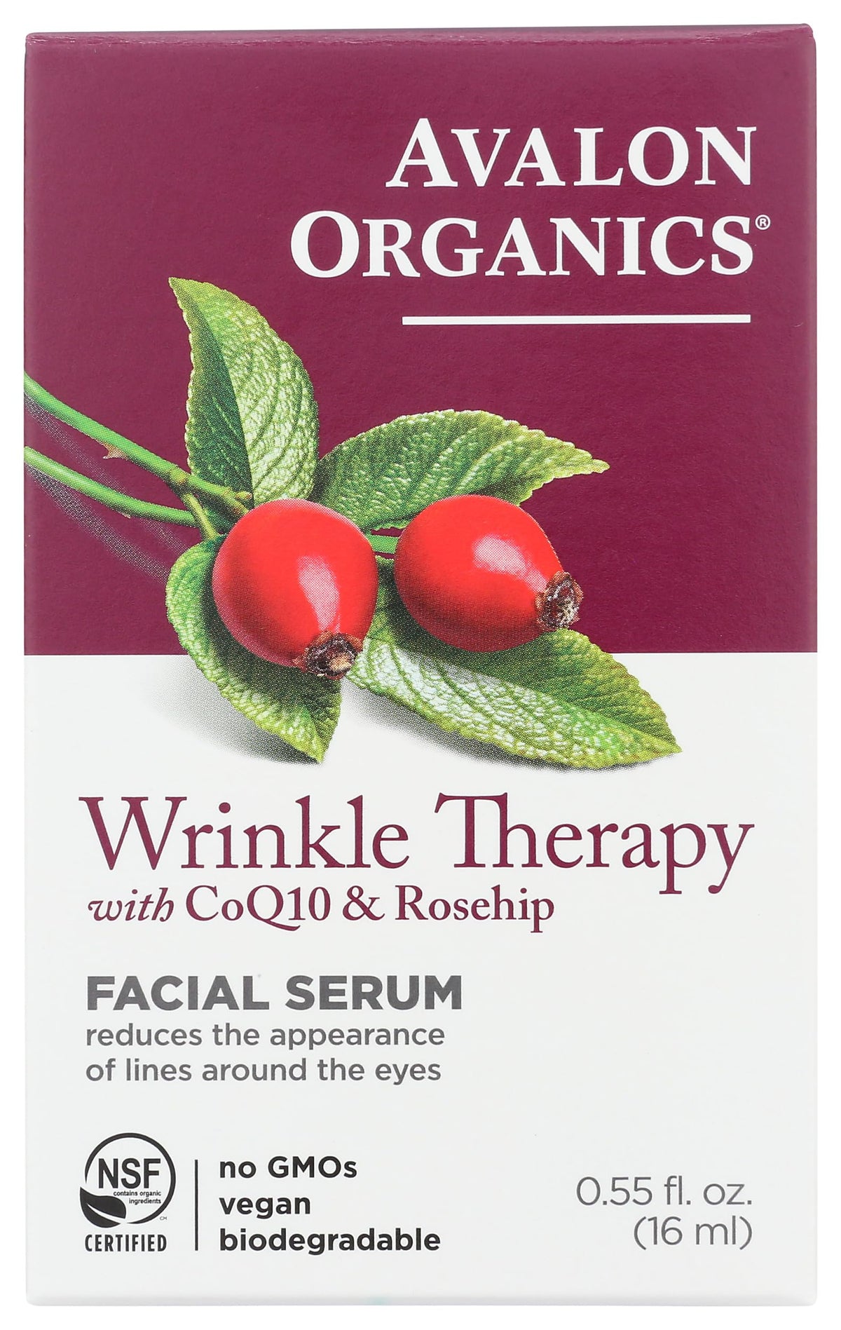 Avalon Organics Wrinkle Therapy serum bottle on vanity highlighting CoQ10 and rosehip for smoother skin