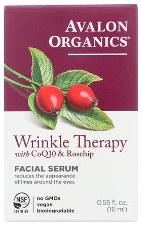 Avalon Organics Wrinkle Therapy serum bottle on vanity highlighting CoQ10 and rosehip for smoother skin