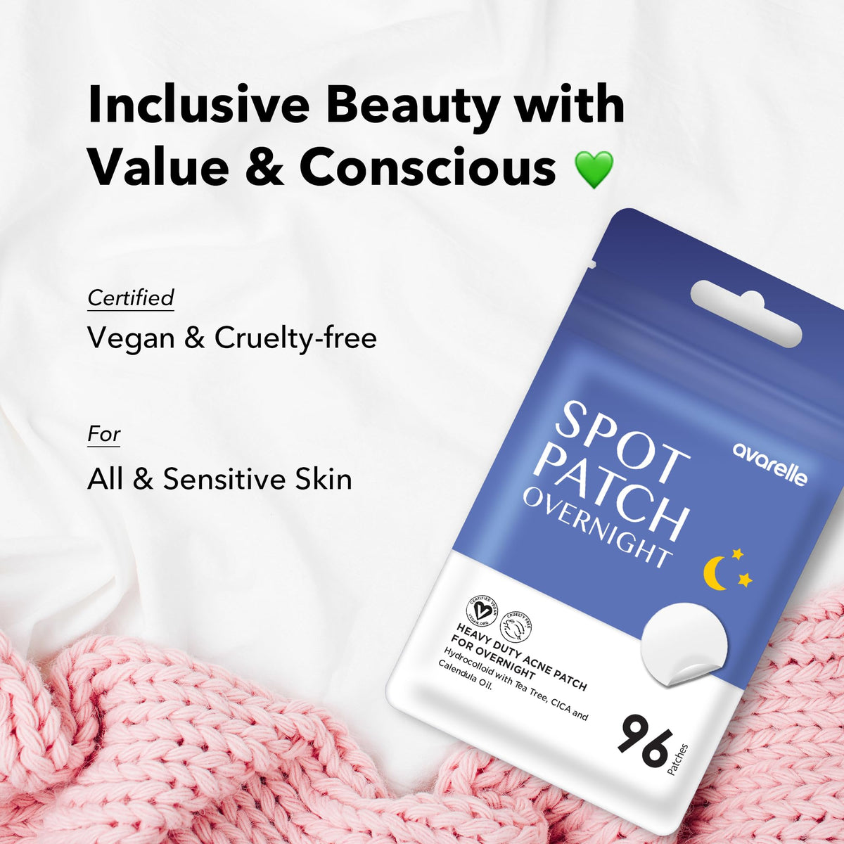 AVARELLE tea tree oil infused patches highlighting natural antiseptic blend for blemishes.