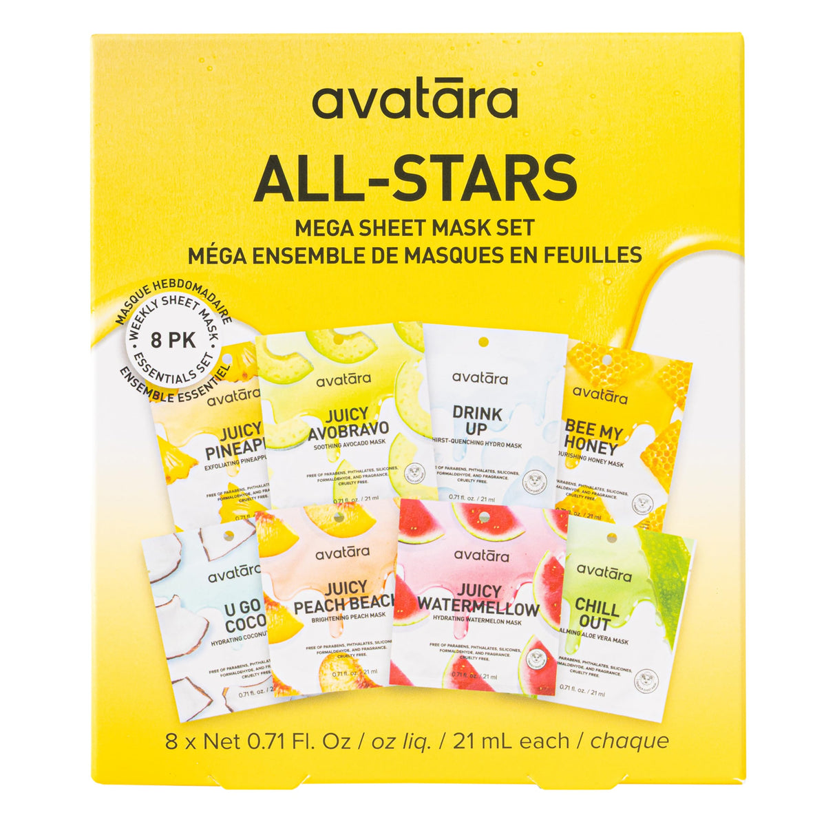 Avatara All-Stars 8-Pack box front showing a versatile mask collection for all skin needs.