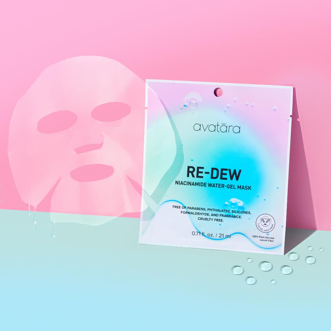 Avatara Re-Dew Niacinamide mask jar emphasizing hydration and calm skin.
