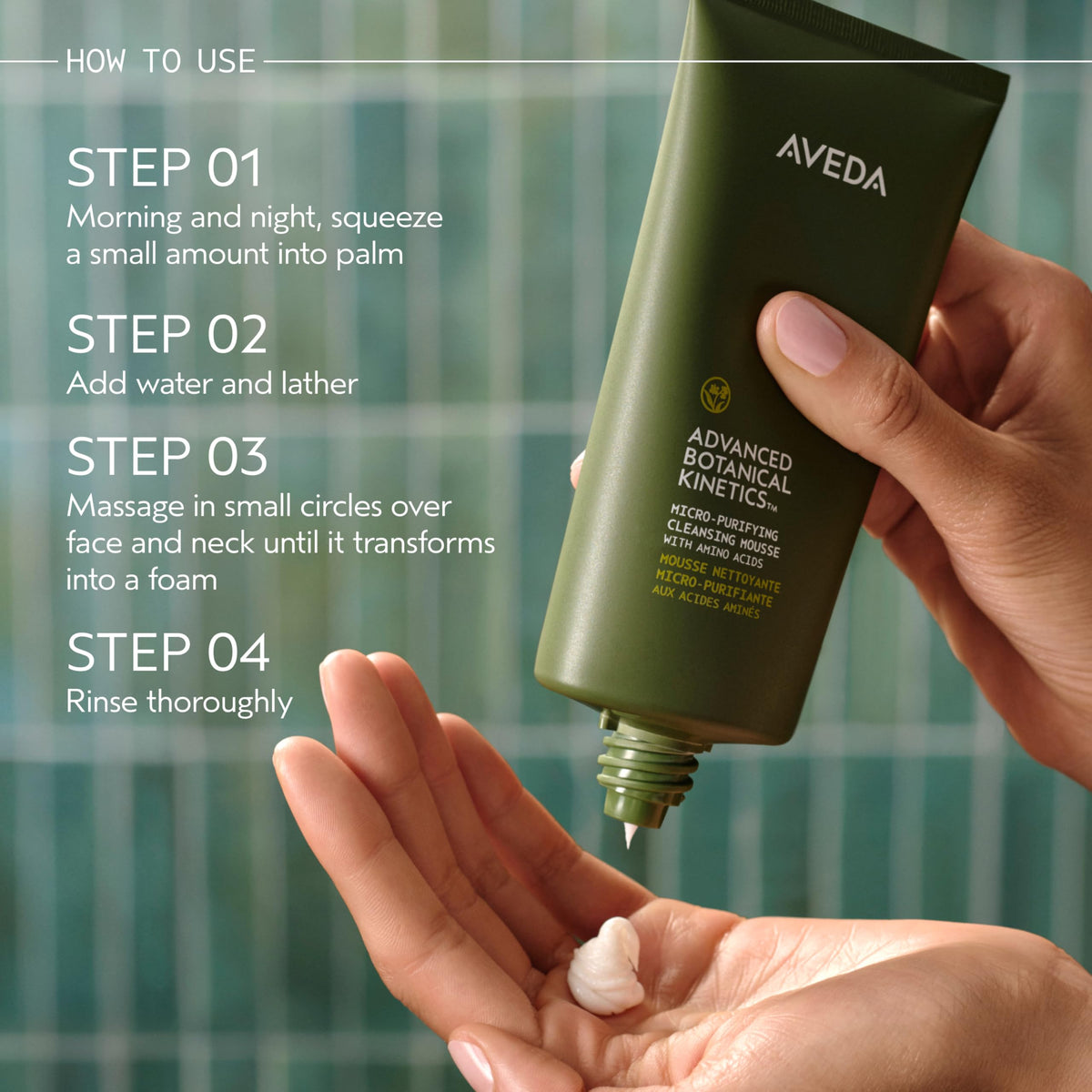 Aveda mousse foam forms in the palm for a refreshing cleanse
