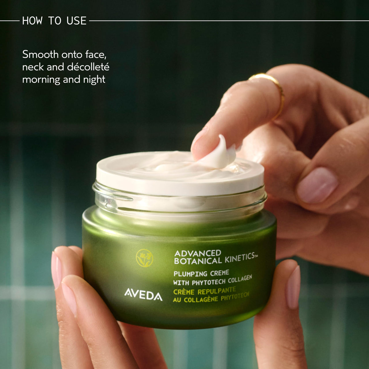 Aveda Advanced Botanical Kinetics Plumping Cream ingredients close-up highlighting plant-based vegan collagen.