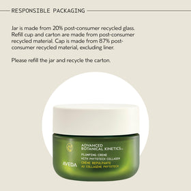 Aveda Advanced Botanical Kinetics Plumping Cream jar close-up highlighting vegan and dermatologist-tested status.